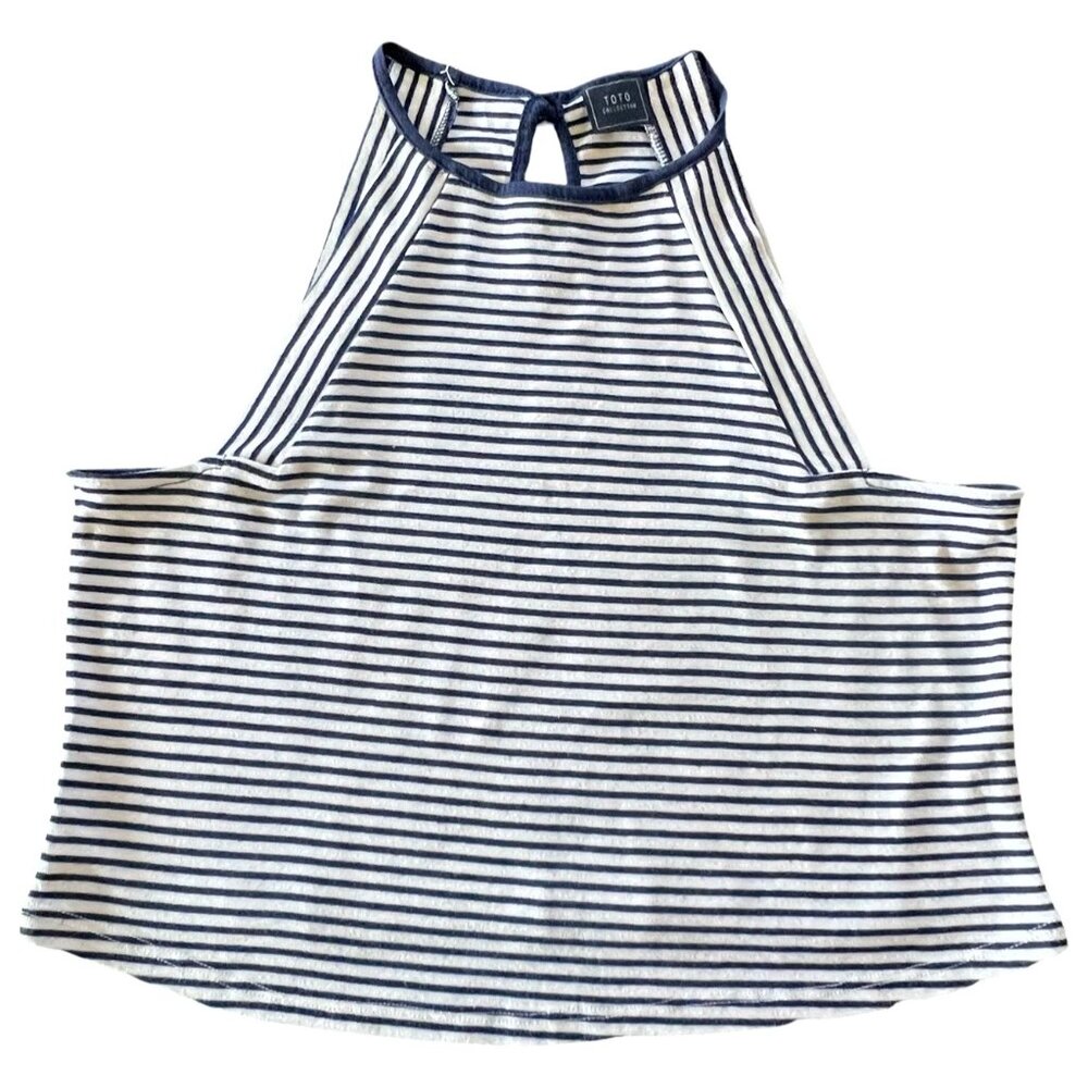 Navy and White Toto Collection Cropped Keyhole Back Tank Top